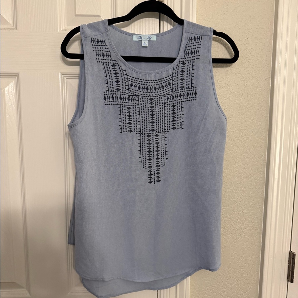 She + Sky Light Blue Tank Top with navy Detailing
